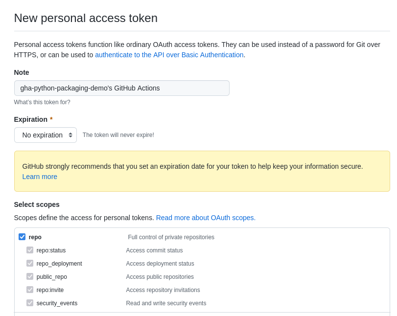 Creating a GitHub personal access token