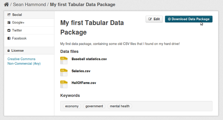 Screenshot of browsing a data package
