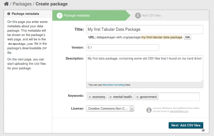 Screenshot of creating a data package