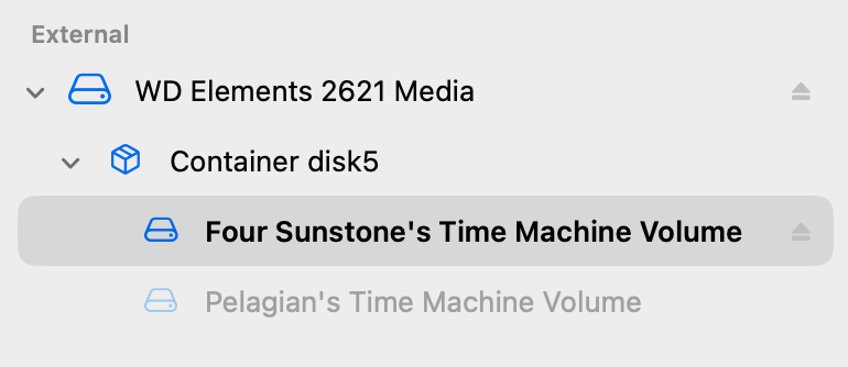 macOS's Disk Utility showing an external drive with two APFS volumes