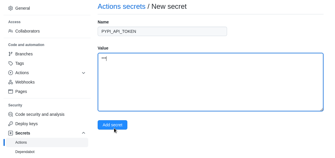 Pasting the PyPI API token into GitHub secrets