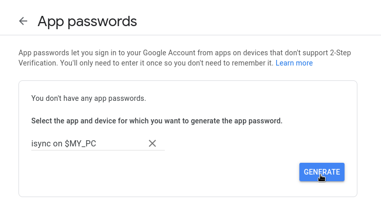 Creating an app password in Gmail.