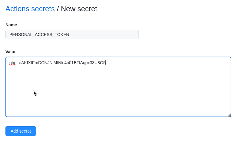 Adding the personal access token to GitHub secrets